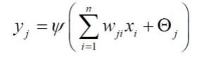 Equation representing the output of a neuron in a neural network, showing the relationship between inputs, weights, and activation function.