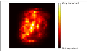 Heatmap illustrating pixel importance for a Random Forest classifier trained on the MNIST dataset, with a gradient scale indicating varying levels of importance.