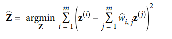 Mathematical equation representing the optimization problem in Locally Linear Embedding (LLE), showcasing how to minimize the squared distance between points in a reduced dimensional space.