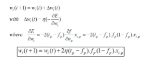 Mathematical expression illustrating the weight update formula for a neural network using gradient descent optimization.