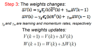 Mathematical equations detailing weight changes and updates in neural network training, focusing on learning and momentum rates.