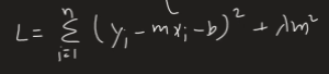 Mathematical representation of the cost function for linear regression, showing the summation of squared differences between predicted and actual values, along with a regularization term.