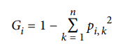 Equation representing the Gini impurity measure used in Decision Trees, showing its calculation method.