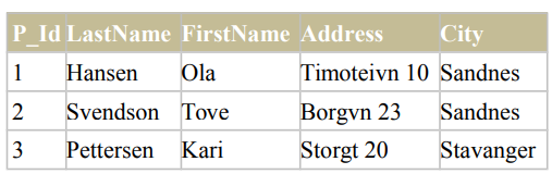 Table displaying records with columns for P_Id, LastName, FirstName, Address, and City.