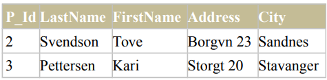 A table displaying the results of a SQL query, showing columns for P_Id, LastName, FirstName, Address, and City, with entries for two individuals: Svendson Tove from Sandnes and Pettersen Kari from Stavanger.