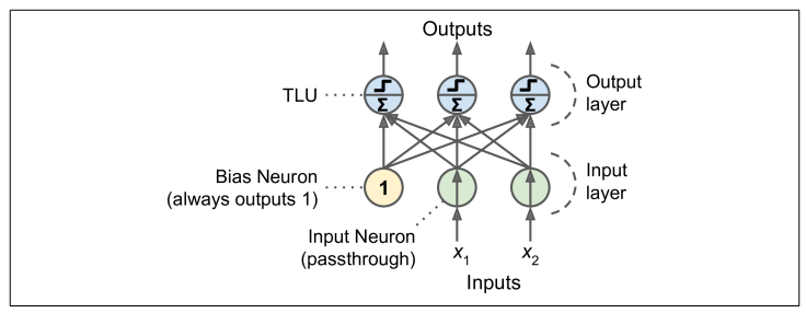 Diagram illustrating a Perceptron architecture with a bias neuron, input neurons, and output neurons. Arrows indicate connections and flow of information.