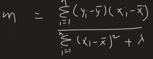 Mathematical formula for calculating the slope (m) in linear regression, depicting sums of products and a regularization term lambda (λ) for Ridge Regression.