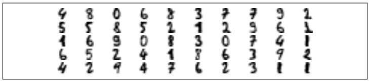 A grid of 50 handwritten digits ranging from 0 to 9, showing various styles and variations in writing.