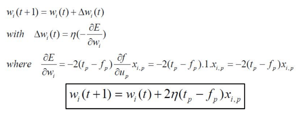Mathematical representation of weight updates in a neural network using gradient descent optimization.
